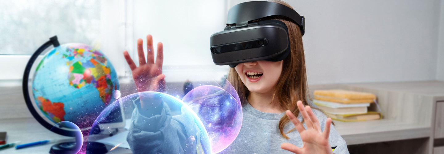 Child girl wearing virtual reality headset and looking at digital space system with planets or Universes. Space exploration with augmented reality glasses.