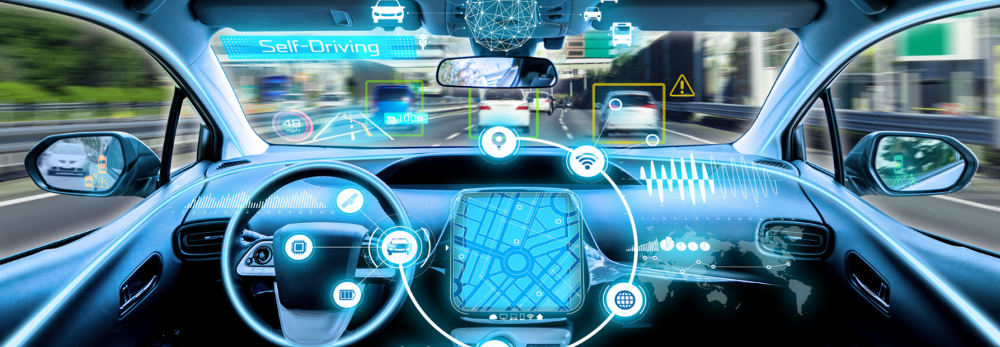 empty cockpit of vehicle. HUD(Head Up Display) and digital instruments panel, autonomous car