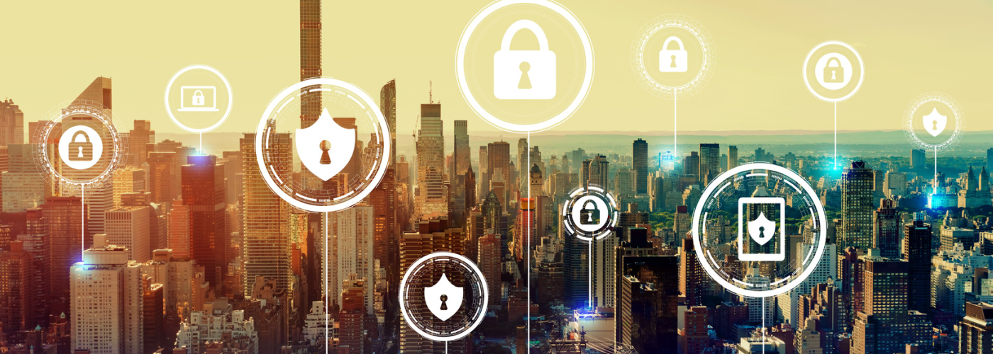 Cyber security theme with the New York City skyline near midtown