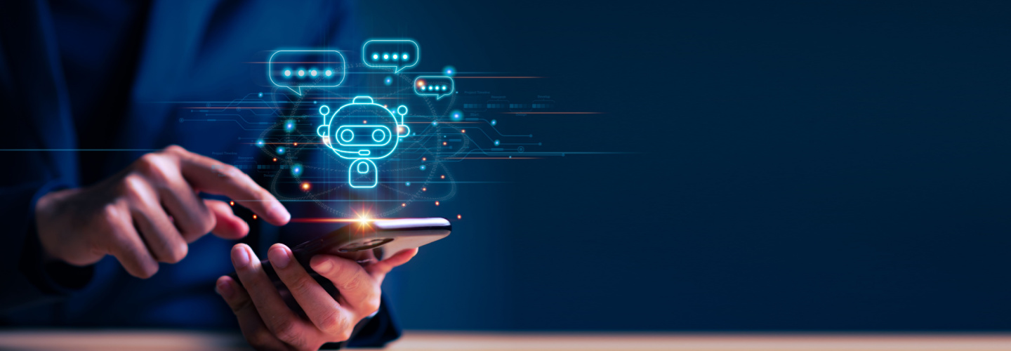 Businessman using smartphone for digital chatbot, chat GPT, robot application, conversation assistant, AI Artificial Intelligence concept, digital chatbot on virtual screen.