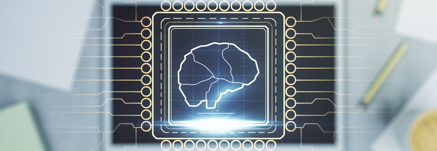 Creative artificial Intelligence concept with human brain hologram and modern digital tablet on background, top view. Multiexposure