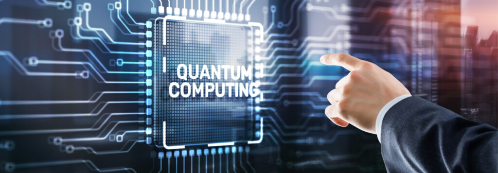 Quantum computing concept. The inscription on the processor icons. Clicking on the virtual screen